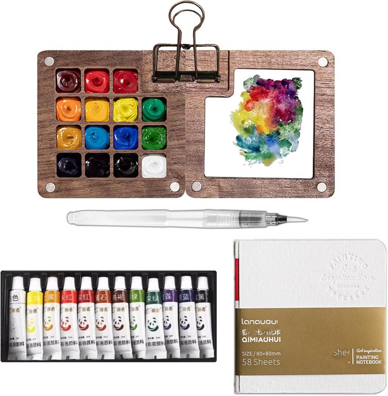 F'DIARY Mini Travel Watercolor Set Pocket Artist Watercolor Travel Set Grid Palette Box Sketch Book Brush Pens With Binder Clips For Painters Artists Students - Image 1